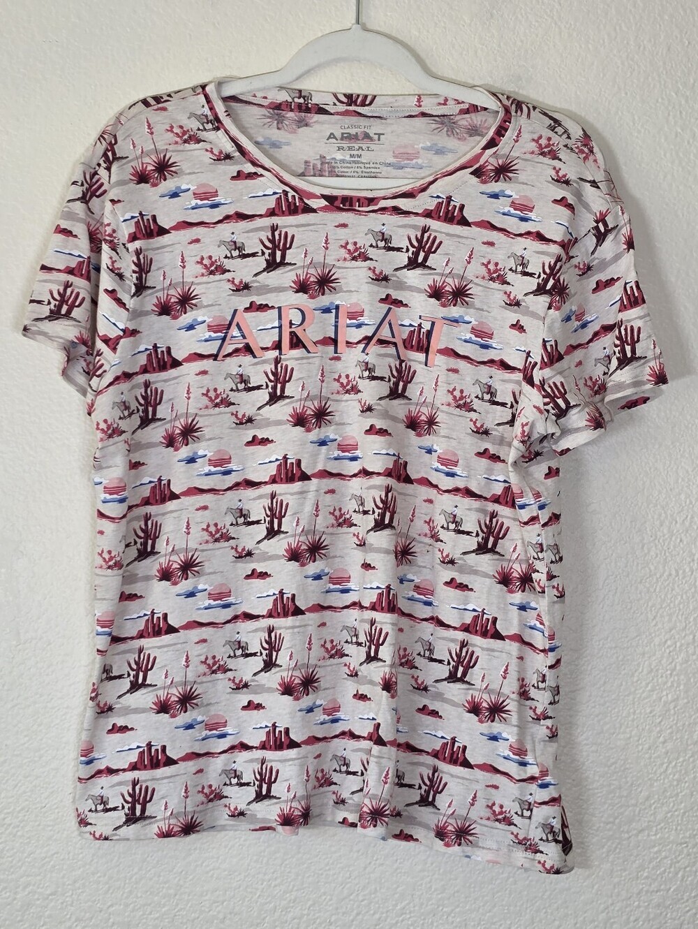 Ariat White Tee with Burgundy and Blue Desert Graphic M